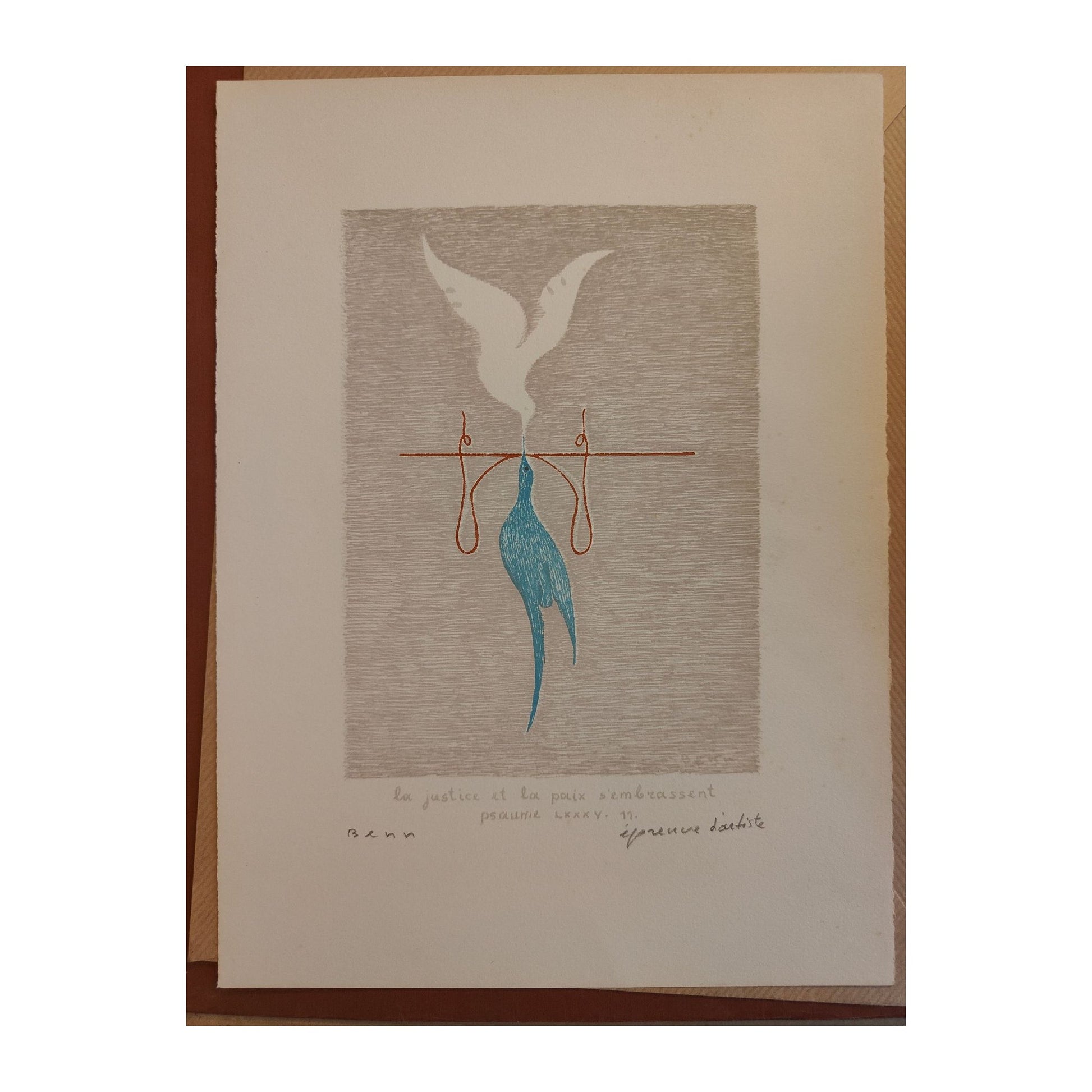 Lithographie couleur La justice et la paix s’embrassent de Benn, signée au crayon, épreuve d’artiste inspirée du Psaume 85:11, œuvre spirituelle et rare.