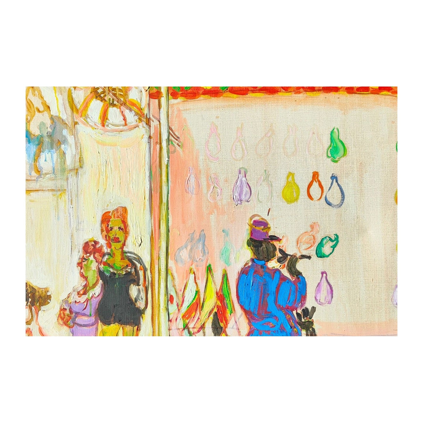 Grande huile sur toile signée de Pincas Moreno intitulée Le Peintre, représentant un artiste au travail, œuvre encadrée au style moderne et expressif