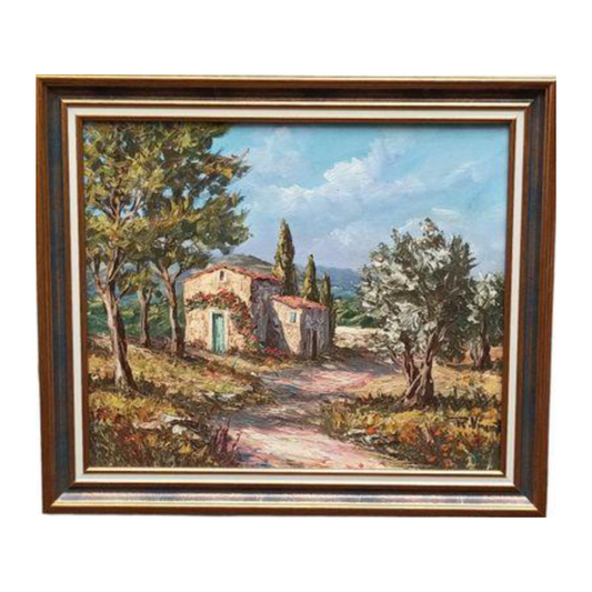 Mas provençal et oliviers peinture à l'huile Vincent Rallo paysage provençal maison et oliviers scène rurale art moderne
