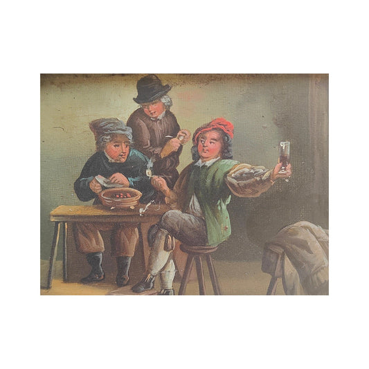 Peinture à l’huile sur métal représentant une scène de cabaret, œuvre originale non signée
