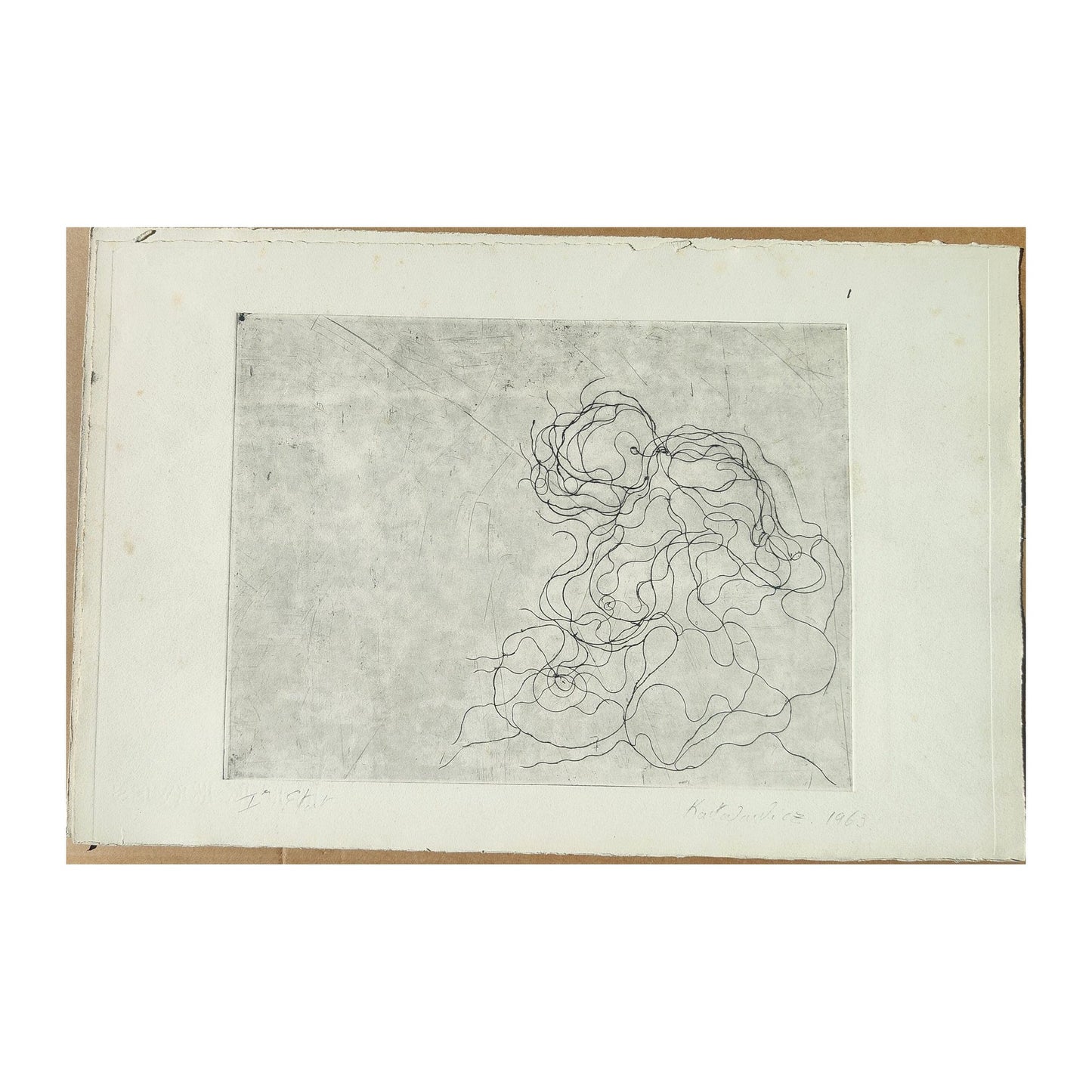 Gravure abstraite en noir et blanc de Serge Kantorowitz, eau-forte originale épreuve d’artiste signée et justifiée