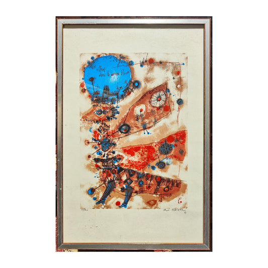Lithographie couleur de Théo Tobiasse intitulée Mon village dans une pomme, justifiée 15 sur 200, signée au crayon et bien encadrée au format 38 x 57 cm