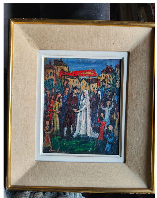 Huile sur panneau Mariage juif de Boris Borvine Frenkel, œuvre originale signée et encadrée, scène chaleureuse et colorée, idéale pour collectionneur d’art.