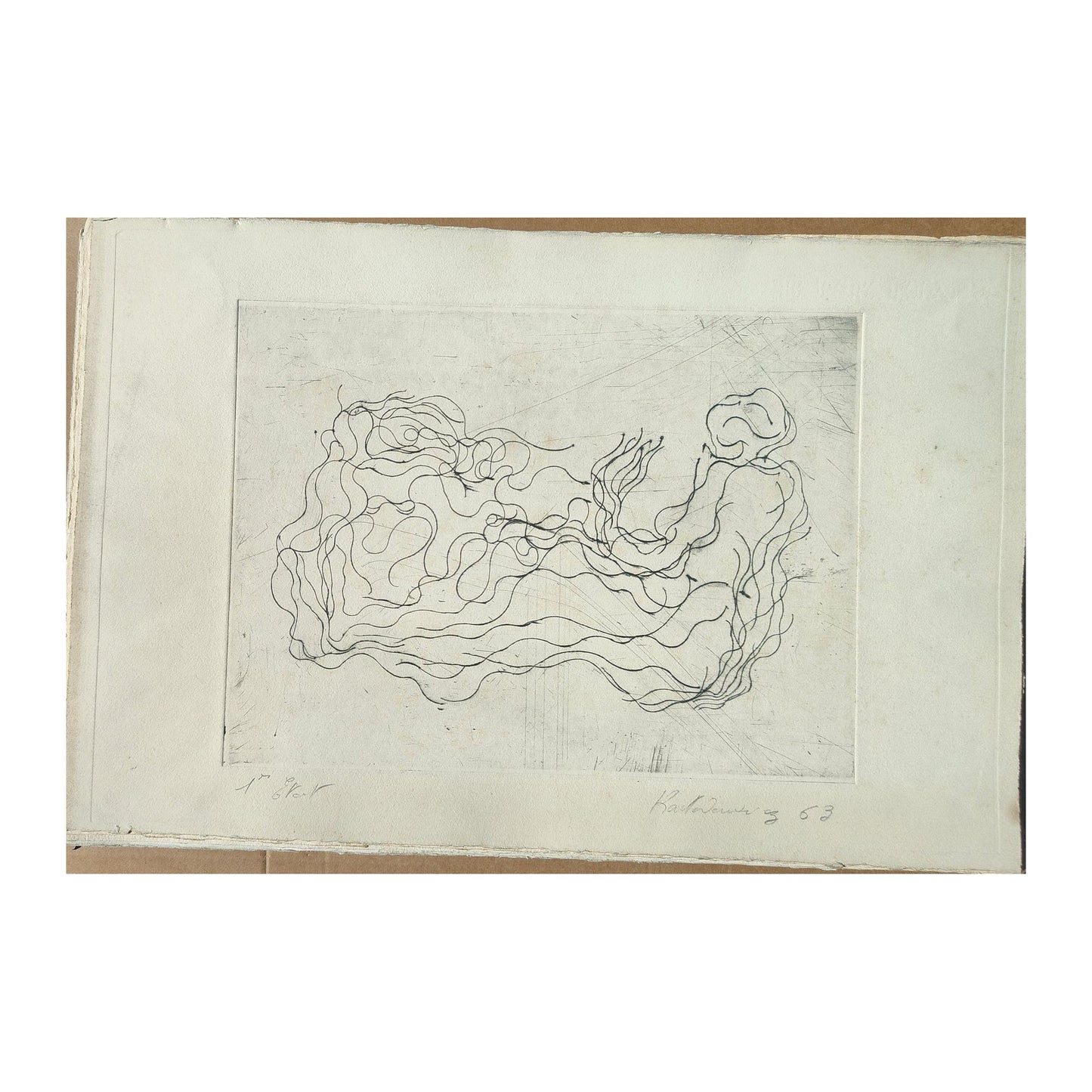 Gravure abstraite en noir et blanc de Serge Kantorowitz, eau-forte originale épreuve d’artiste signée et justifiée