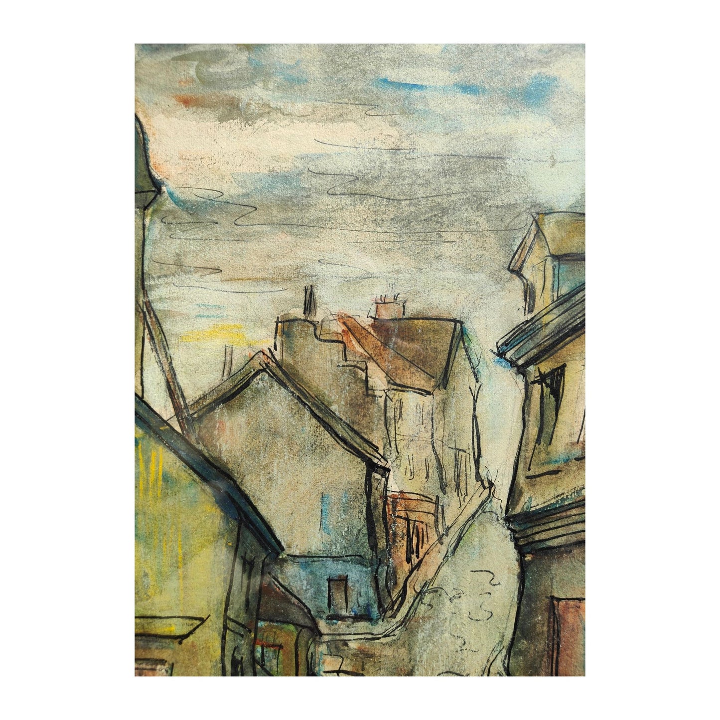 Aquarelle signée d’Albert Lelouch intitulée Le Village, représentant un paysage de village, bien encadrée avec dimensions indiquées cadre compris