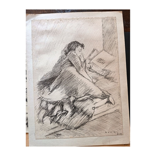 Dessin de 1942 de Benn (Bentsion Rabinowicz) représentant une femme lisant, probablement sa femme, œuvre non encadrée collée sur carton léger au format 20,5 x 28 cm