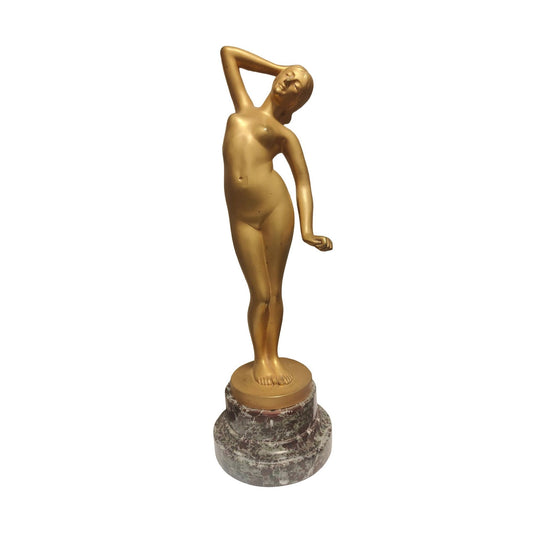  Nu féminin gracieux en bronze patine dorée très douce, jeune femme s'étirant au lever, sculpture fine Raphael Shwartz sur socle marbre, 28cm hauteur 