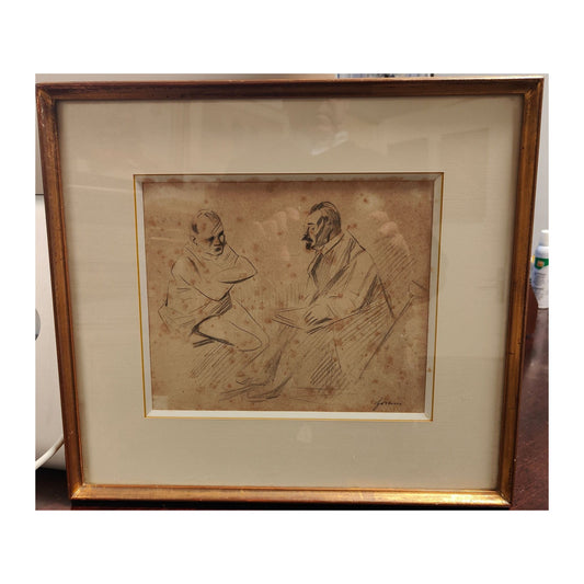  Dessin ancien "La Conversation" de Jean-Louis Forain, légèrement jauni, bien encadré 