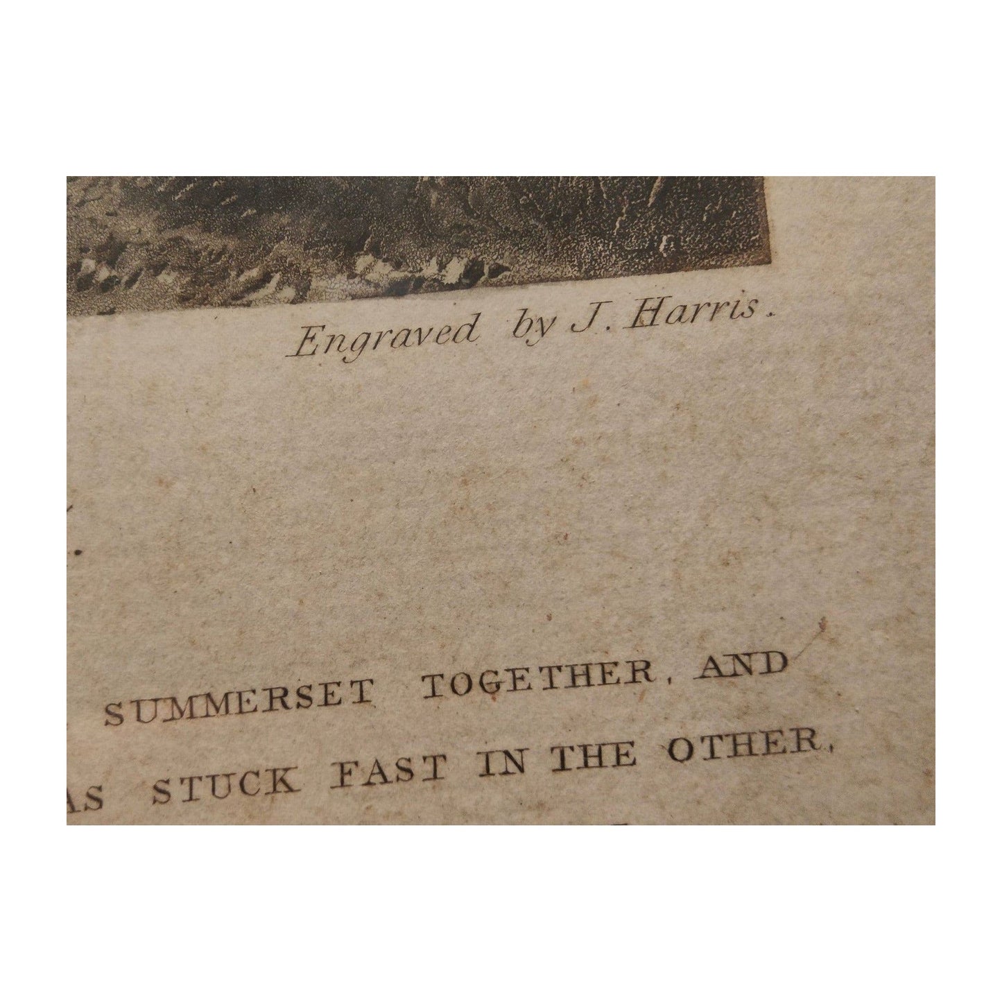 Gravure anglaise ancienne colorisée 1839 The First Steeple Chase on Record, dessin de Henry Alken gravé par Harris, scène de course hippique encadrée avec rousseurs.