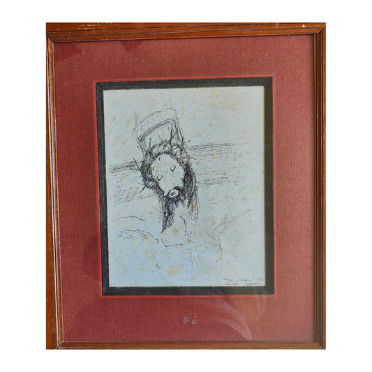 Dessin à l’encre intitulé Le Crucifié par Armand Nakache, signé et daté 1948, œuvre encadrée au format 46 x 52 cm