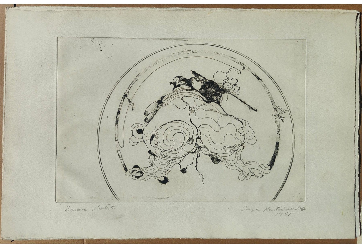 Gravure abstraite en noir et blanc de Serge Kantorowitz, eau-forte originale épreuve d’artiste signée et justifiée