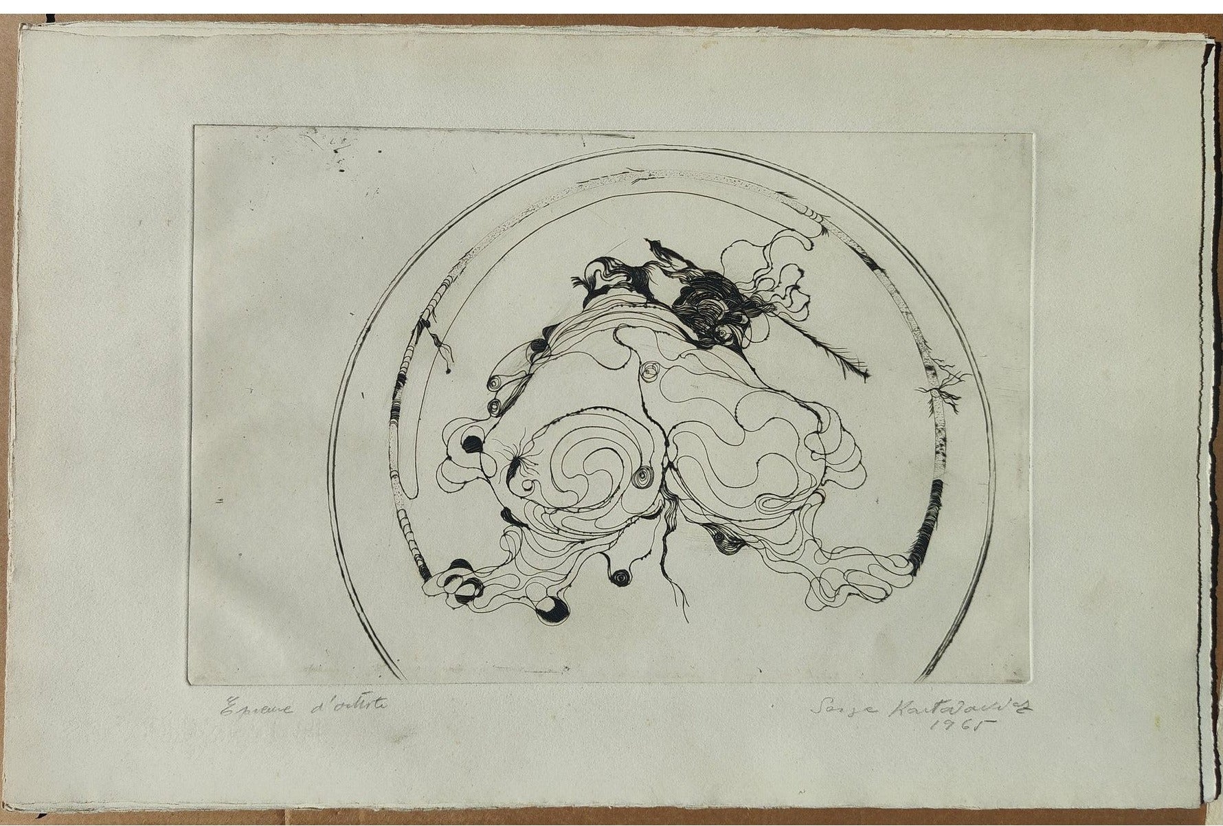Gravure abstraite en noir et blanc de Serge Kantorowitz, eau-forte originale épreuve d’artiste signée et justifiée