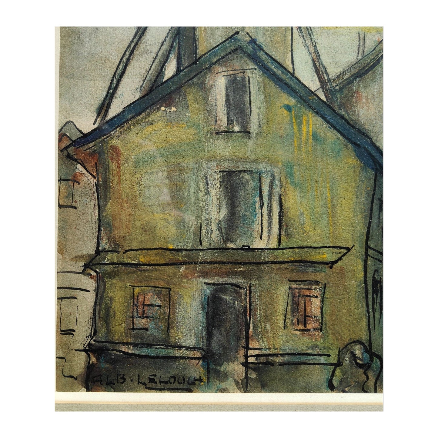 Aquarelle signée d’Albert Lelouch intitulée Le Village, représentant un paysage de village, bien encadrée avec dimensions indiquées cadre compris