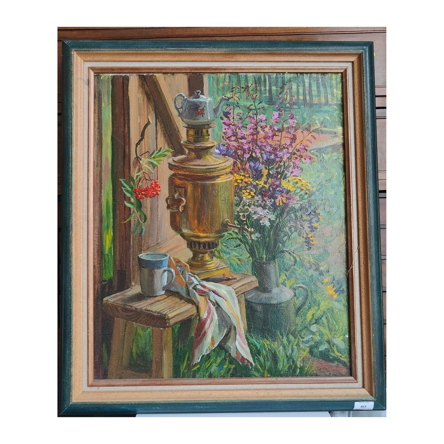 Huile sur toile Nature morte avec un samovar d’Alexandre Averin, œuvre signée et encadrée, superbe composition réaliste aux tons chaleureux, pièce de qualité.