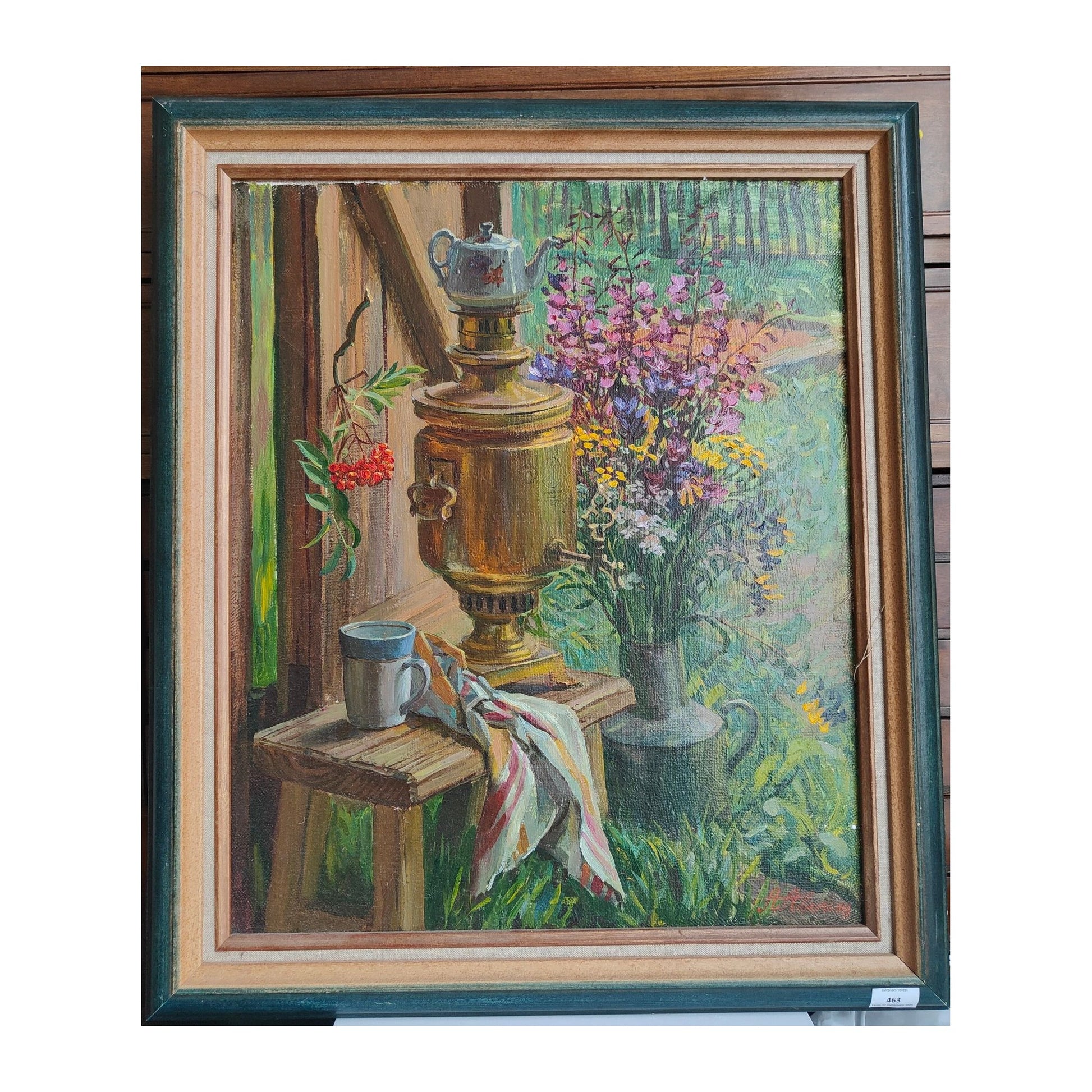 Huile sur toile Nature morte avec un samovar d’Alexandre Averin, œuvre signée et encadrée, superbe composition réaliste aux tons chaleureux, pièce de qualité.