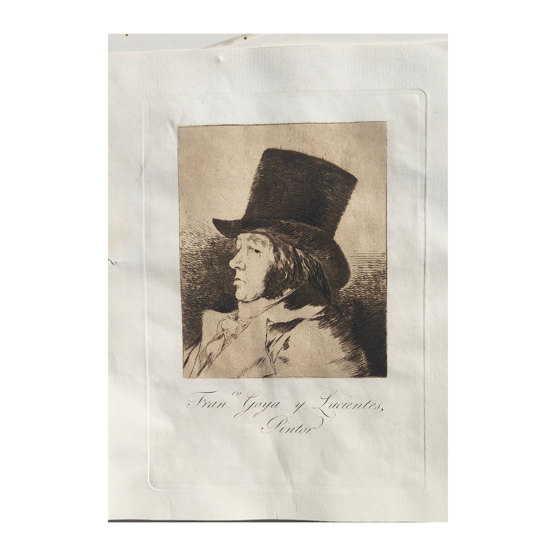 Image traitée - Eau-forte de Francisco de Goya autoportrait- les caprices– Cadre ancien XIXe