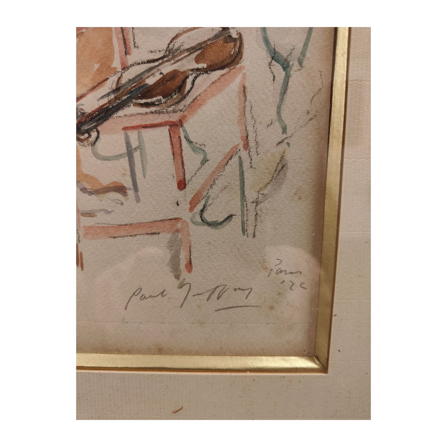 Aquarelle portrait de clown 1924, signée Paul Jeffay, scène parisienne encadrée 35x42cm 