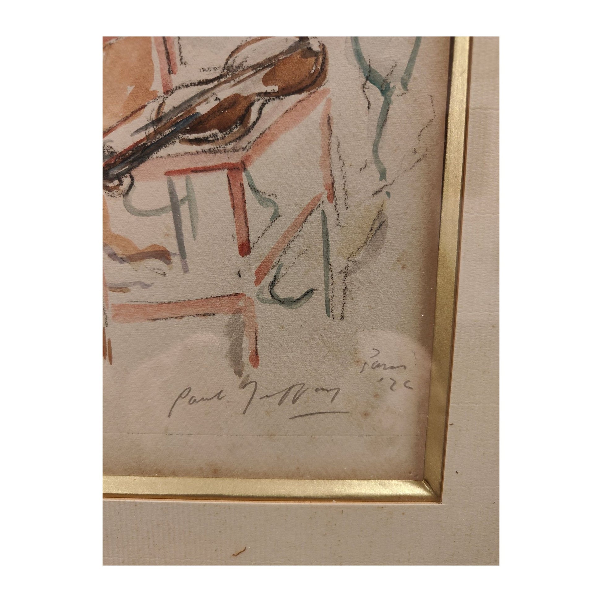 Aquarelle portrait de clown 1924, signée Paul Jeffay, scène parisienne encadrée 35x42cm 