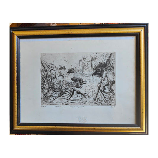 Lithographie noir et blanc de Mordecai Moreh intitulée Les Immigrants, épreuve d’état titrée, signée et justifiée, artiste israélien né à Bagdad et formé à Jérusalem, Florence et Paris, bien encadrée sous verre 48 x 38 cm