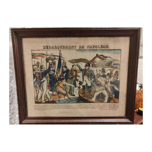 Gravure ancienne en couleurs représentant le Débarquement de Napoléon, imagerie Pellerin d’Épinal XIXe siècle, estampe historique française.
