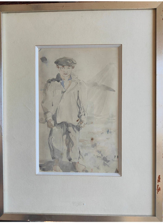 Dessin aquarellé représentant le portrait en pied d’un jeune garçon, œuvre non signée bien encadrée au format 29,5 x 39 cm