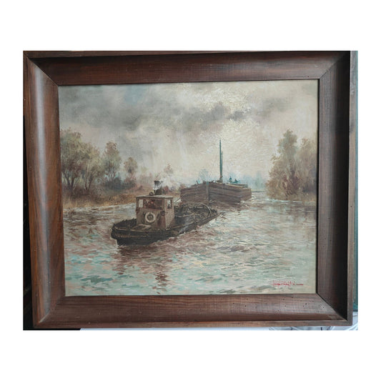 Huile sur toile Remorque (Loire-Inférieure) de Léon Zeytline, œuvre signée recto-verso et encadrée, magnifique scène réaliste idéale pour collectionneur exigeant.