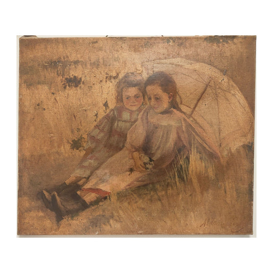 Huile sur toile ancienne représentant des jeunes filles dans un champ, œuvre de Fernand Alkan Levy (1870-1941), peinture française du début du XXe siècle.
