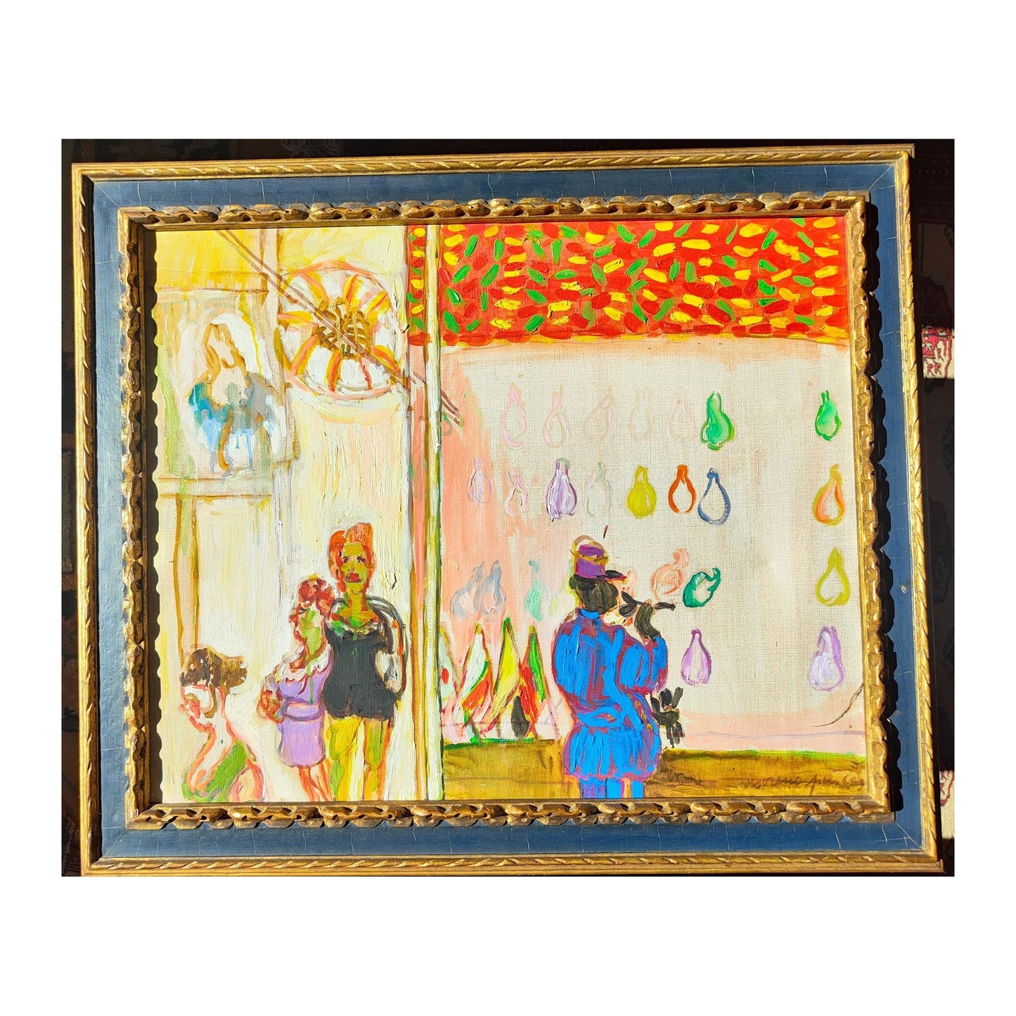 Grande huile sur toile signée de Pincas Moreno intitulée Le Peintre, représentant un artiste au travail, œuvre encadrée au style moderne et expressif