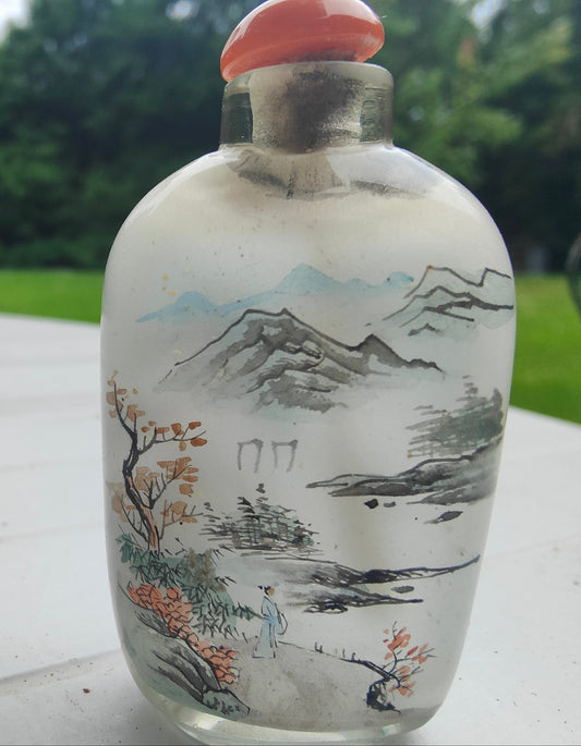 Tabatière chinoise en verre peinte à l’intérieur – snuff bottle – décor paysage