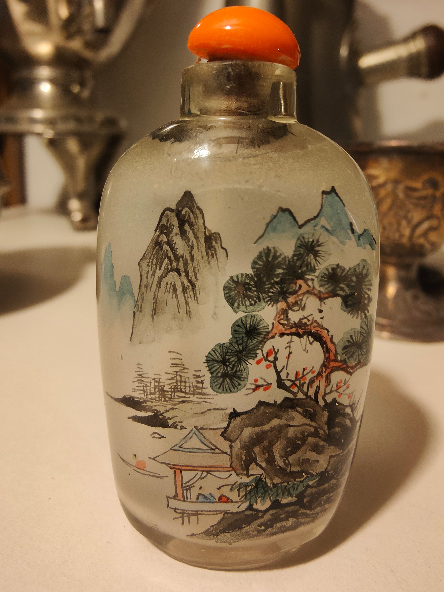 Tabatière chinoise en verre peinte à l’intérieur – snuff bottle – décor paysage