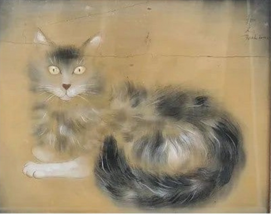 Œuvre Chat couché de Shunko Deshima, encre et gouache sur soie signée et datée 1933, composition raffinée et encadrée avec soin, pièce japonaise recherchée.