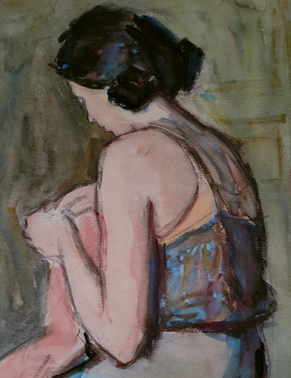 Femme Cousant aquarelle Abraham Weinbaum École de Paris scène intimiste art moderne français 55x72 cm 700 euros
